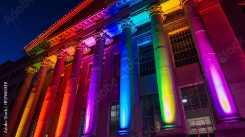 Rainbow colors light up the facade of a classical building at night.LGBTQ pride month