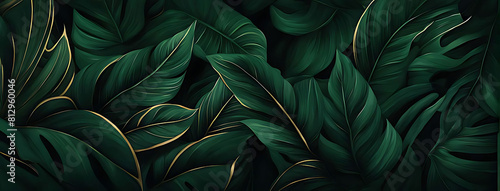  Pattern leaf background green plant tree abstract palm floral wallpaper flower foliage art jungle. Background luxury leaf pattern texture design line summer gold nature monstera fabric golden leaves. © Five Million Stocks