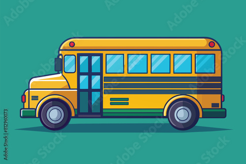 A yellow school bus parked on a vivid green background, School bus Customizable Disproportionate Illustration