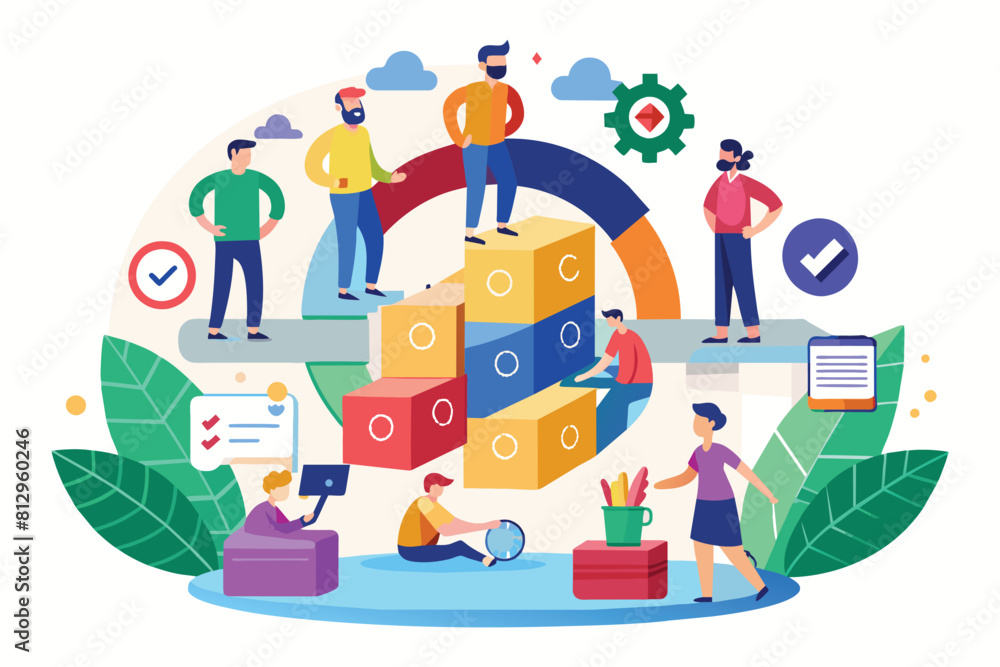 People standing atop stacked boxes in a group setting, Scrum method Customizable Disproportionate Illustration People standing atop stacked boxes in a group setting, Scrum method Customizable Disproportionate Illustration