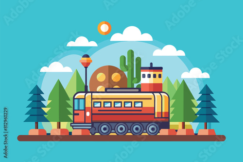 A train travels along tracks surrounded by tall trees in a lush forest setting, Scope Customizable Semi Flat Illustration