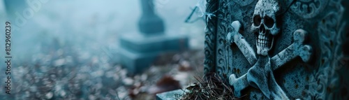 A close-up of a spooky tombstone carved with a cryptic message and a skull and crossbones symbol Fog rolls across the background, obscuring the surrounding graveyard photo