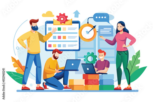 A diverse group of individuals standing together around a computer, engaged in discussions and collaboration, Scrum method Customizable Cartoon Illustration
