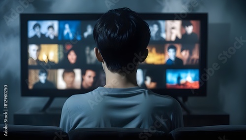 A young man sitting in front of a television screen displaying various images