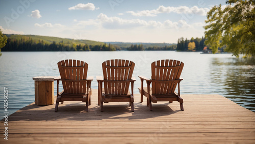 Three wooden Adirondack chairs are on a dock overlooking a lake. The sky is blue with white clouds and there are trees on the shore.  