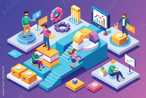 A group of individuals gather in a room, standing and conversing with each other, Scrum method Customizable Isometric Illustration