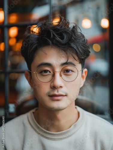 Young Man Wearing Glasses at Cafe