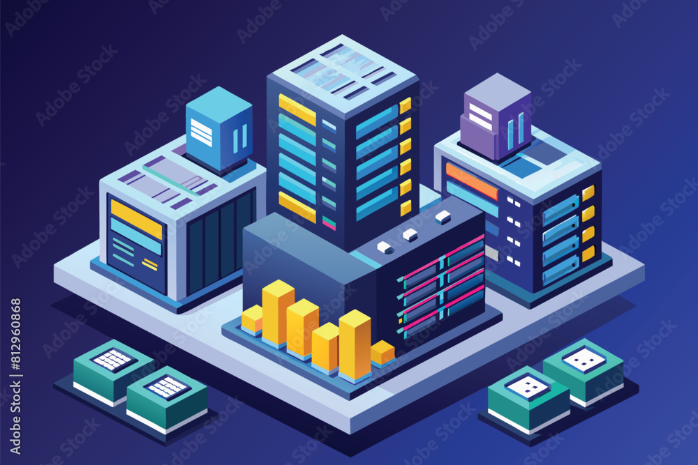 Isometric illustration showcasing a cityscape with towering skyscrapers and various architectural structures, Server Customizable Isometric Illustration