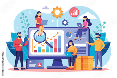 Multiple people examining data on a computer screen using a magnifying glass in a team setting, Seo analytics team Customizable Semi Flat Illustration