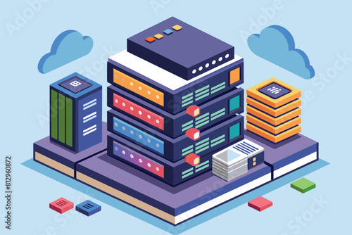 A stack of books with a computer resting on top, showcasing a blend of traditional and modern learning tools, Server Customizable Semi Flat Illustration