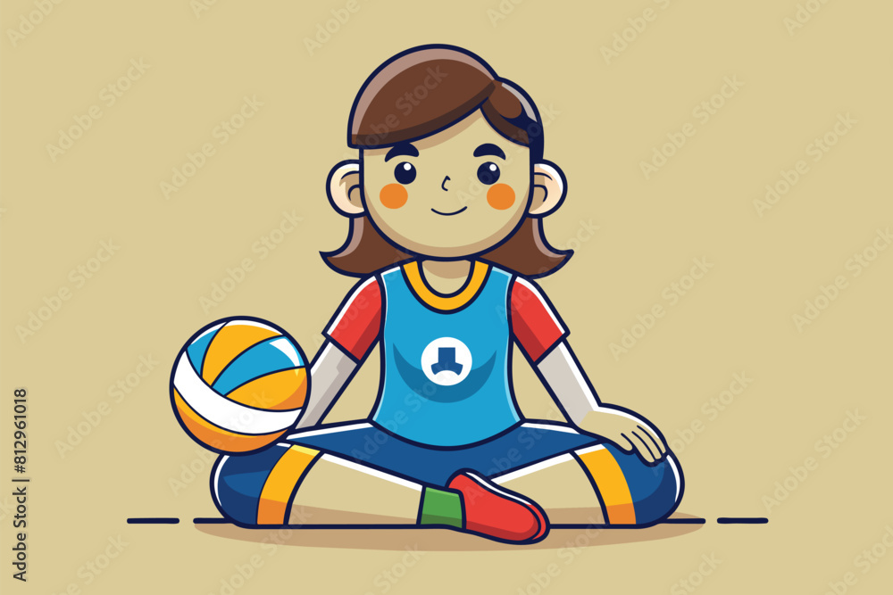 A girl in casual attire seated on the floor holding a volleyball ball in her hands, Sitting volleyball Customizable Cartoon Illustration A girl in casual attire seated on the floor holding a volleyball ball in her hands, Sitting volleyball Customizable Cartoon Illustration