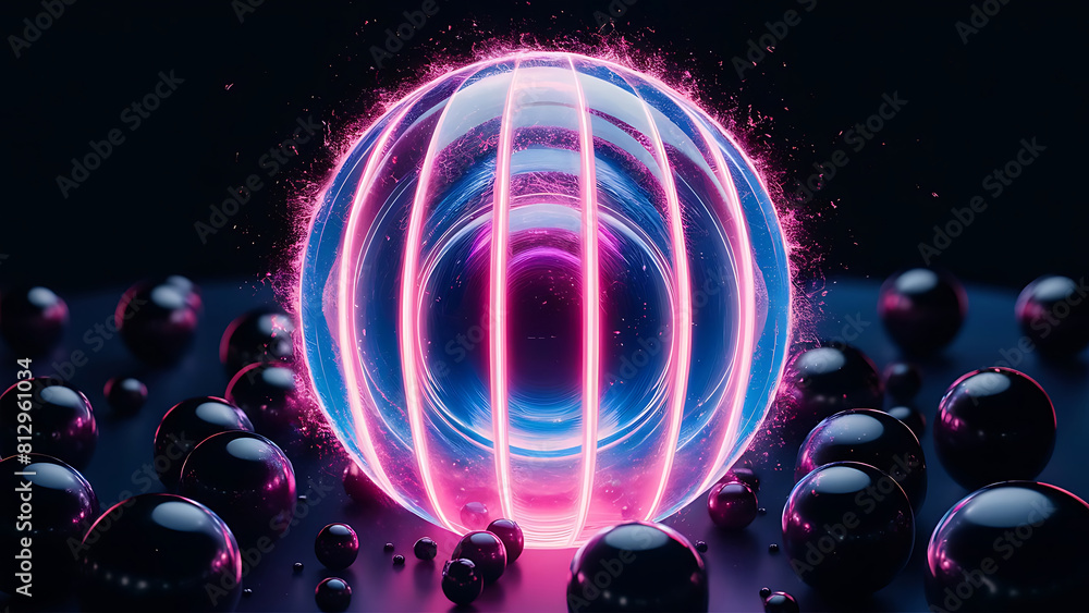 neon glowing ball, 3d render, transparent glowing ball on the dark background , abstract background, AI Generative