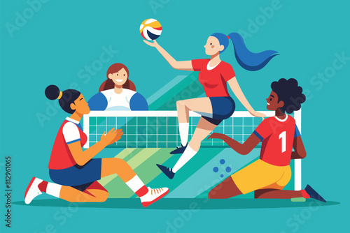 Several individuals playing a game of volleyball on a sandy court under a clear sky, Sitting volleyball Customizable Semi Flat Illustration