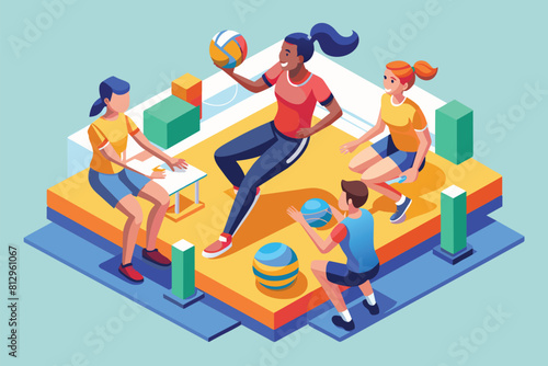 A group of individuals engaged in a competitive game of basketball on a court, Sitting volleyball Customizable Isometric Illustration