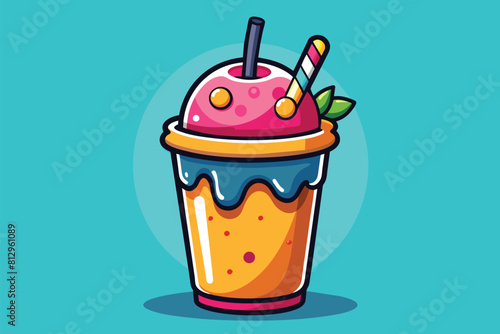 A drink with a straw in it against a vibrant blue background, Slush Customizable Cartoon Illustration