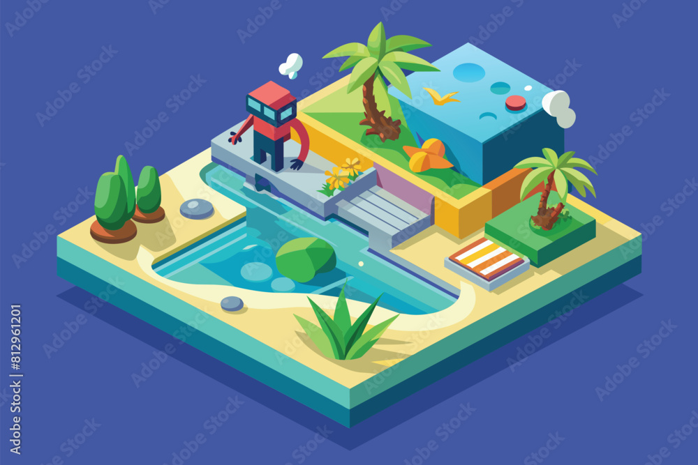 Isometric illustration of a man standing in front of a pool, Snorkeling Customizable Isometric Illustration Isometric illustration of a man standing in front of a pool, Snorkeling Customizable Isometric Illustration