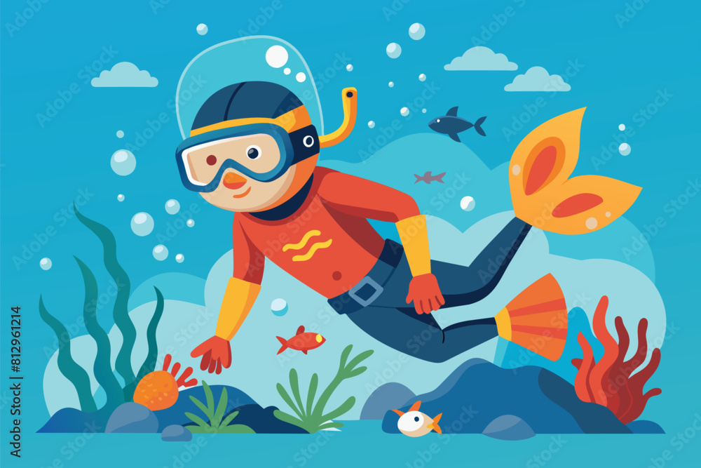 A man in a scuba suit exploring the ocean depths, Snorkeling Customizable Semi Flat Illustration A man in a scuba suit exploring the ocean depths, Snorkeling Customizable Semi Flat Illustration
