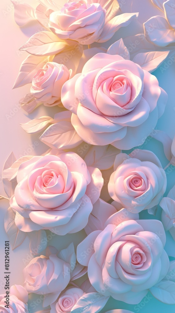 Clay style: bouquet of roses, Valentine's Day, love, marriage, anniversary, surface with clay texture and texture, soft lighting, 3D icon clay rendering, pastel colors, pastel background, strong color
