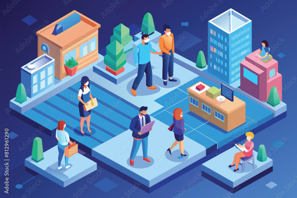 Crowd of individuals gathered near a structure, socializing and observing, Social distancing Customizable Isometric Illustration Crowd of individuals gathered near a structure, socializing and observing, Social distancing Customizable Isometric Illustration