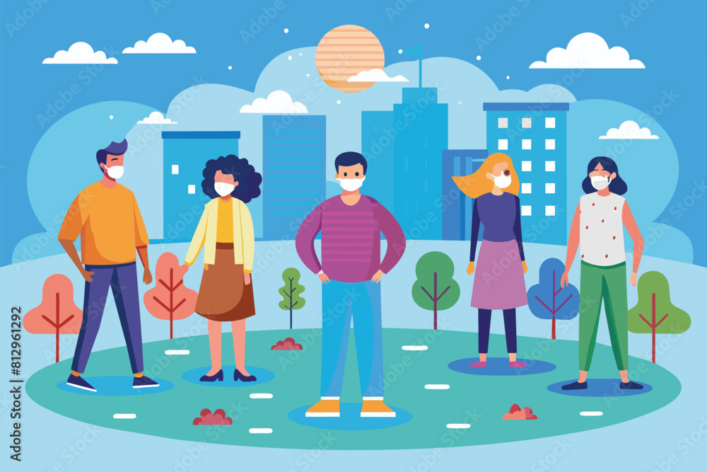 A group of individuals standing outdoors in a park while wearing face masks as a precaution against airborne illnesses, Social distancing Customizable Flat Illustration A group of individuals standing outdoors in a park while wearing face masks as a precaution against airborne illnesses, Social distancing Customizable Flat Illustration