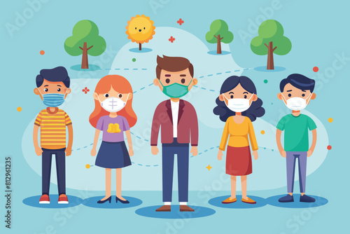 A diverse group of individuals wearing face masks in a social distancing setting, Social distancing Customizable Cartoon Illustration