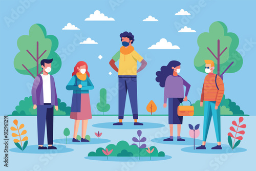 A diverse group of individuals standing in a park, socially distancing while enjoying the outdoors, Social distancing Customizable Flat Illustration