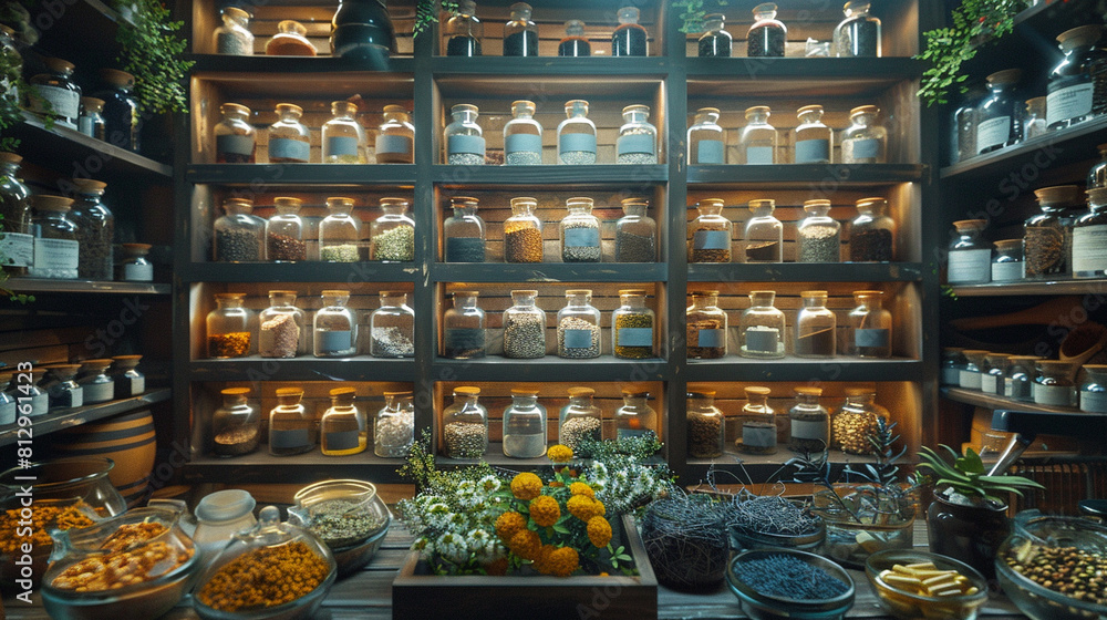 Apothecary shop with rows of herbal remedies, front view, Natural healing, futuristic tone, Splitcomplementary color scheme Apothecary shop with rows of herbal remedies, front view, Natural healing, futuristic tone, Splitcomplementary color scheme