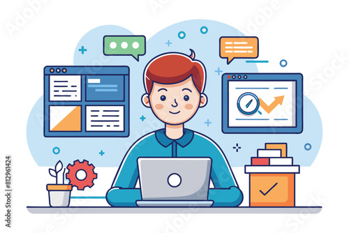 A man sits in front of a laptop computer, focused on his work, Software tester Customizable Cartoon Illustration