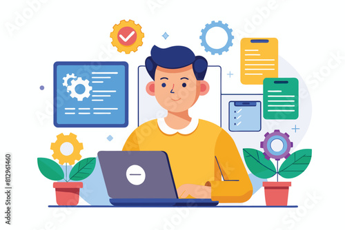 A man sitting in front of a laptop computer, concentrating on his work, Software tester Customizable Flat Illustration