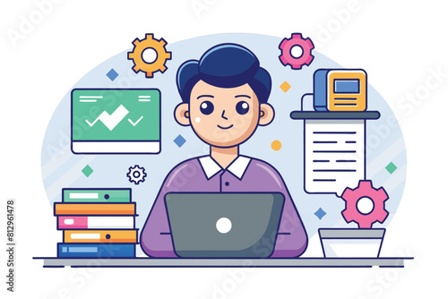 A man is seated in front of a laptop computer, focused on his work, Software tester Customizable Cartoon Illustration