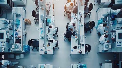 Lab technicians and scientists work on research and development in a pharmaceutical company.