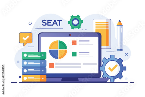 A laptop screen showing a detailed pie chart, indicating data analysis and visual representation, Software tester Customizable Semi Flat Illustration