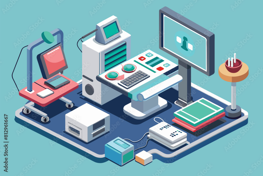 A computer and various electronic devices neatly arranged on a table in a modern office setting, Sonography Customizable Isometric Illustration A computer and various electronic devices neatly arranged on a table in a modern office setting, Sonography Customizable Isometric Illustration