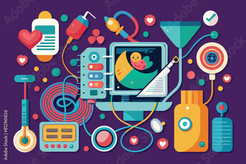 Various items arranged on a vibrant purple background, Sonography Customizable Disproportionate Illustration