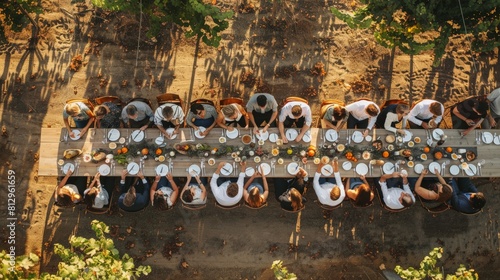 Long table set for dinner in a lush, green vineyard.