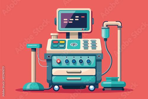 A sonography machine featuring a monitor on top for medical imaging and diagnostics, Sonography Customizable Semi Flat Illustration