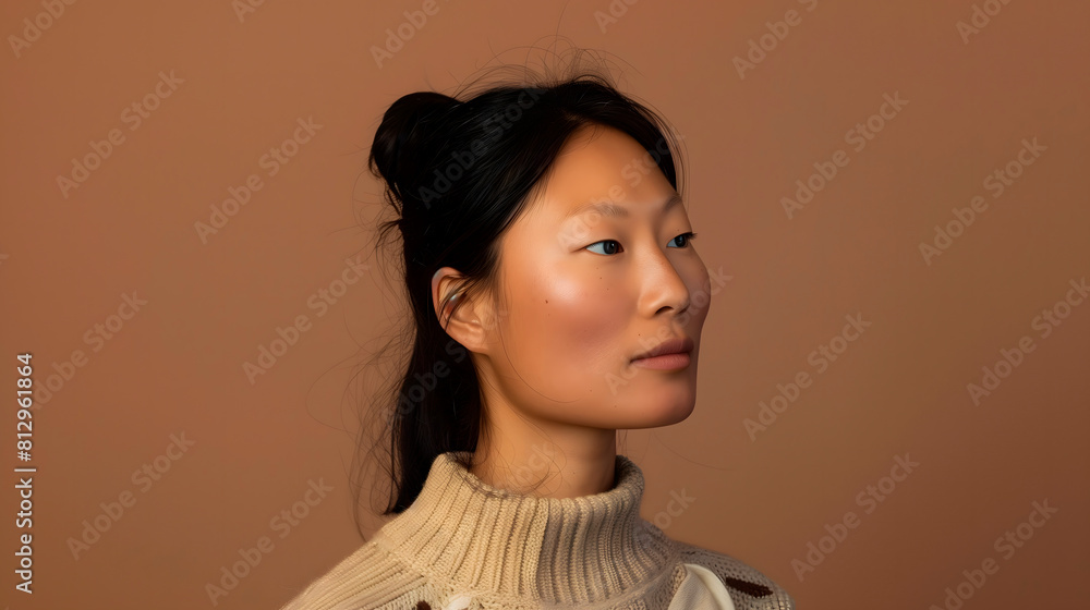 Retrato de mujer joven oriental con suéter blanco sobre un fondo marrón Retrato de mujer joven oriental con suéter blanco sobre un fondo marrón