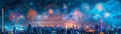 Fireworks exploding over a city skyline, top view, Festive night, digital tone, vivid