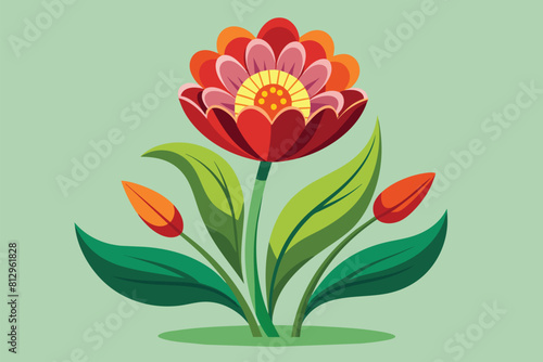 A flower surrounded by leaves on a vibrant green backdrop, Spring flower Customizable Disproportionate Illustration