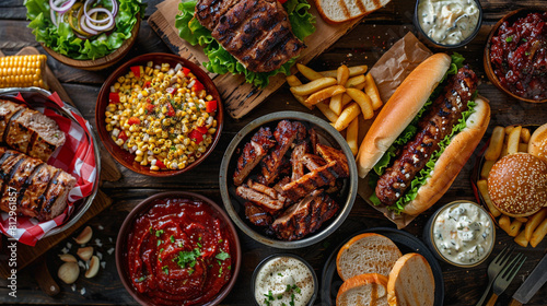 Fourth of July barbecue spread, top view, Independence feast, advanced tone, vivid