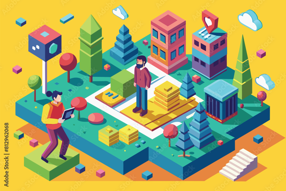 A man is standing on top of a map, surrounded by various buildings in a customizable isometric illustration, Startled Customizable Isometric Illustration A man is standing on top of a map, surrounded by various buildings in a customizable isometric illustration, Startled Customizable Isometric Illustration
