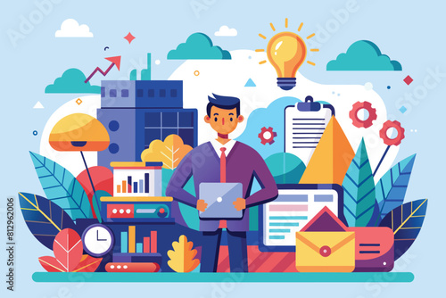 A man standing at a laptop in an office setting, with various office supplies around him, Starting a business project Customizable Semi Flat Illustration