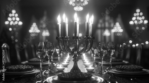 Hanukkah table with latkes and menorah, front view, Festival of lights, futuristic tone, black and white photo
