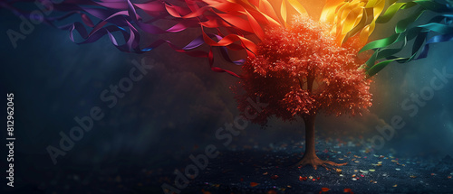 A beautiful tree with rainbow leaves, colorful ribbons blowing in the wind against a dark background, pride month theme wallpaper or banner photo