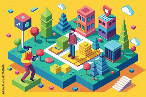 A man is standing on top of a map, surrounded by various buildings in a customizable isometric illustration, Startled Customizable Isometric Illustration