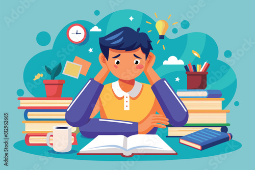 A man is seated in front of a large pile of books, appearing engrossed in reading or studying, Student stress Customizable Disproportionate Illustration