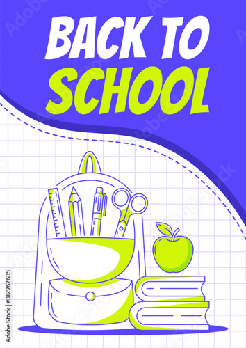Backpack with school supplies, stack of books and apple. Back to school, education, learning concept.Vector minimalist poster, a4 format. For banner, cover, web. Checkered background