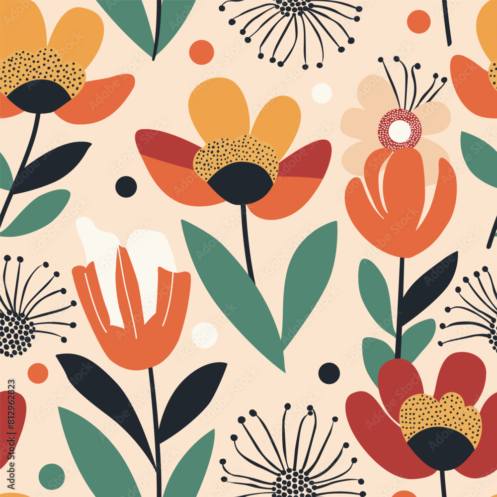 Seamless pattern with large flowers in a simple flat vector style. Illustration for interior design, for printing on fabric and paper. Seamless pattern with large flowers in a simple flat vector style. Illustration for interior design, for printing on fabric and paper.