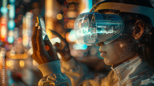woman with VR glasses using mobile phone in the city at night