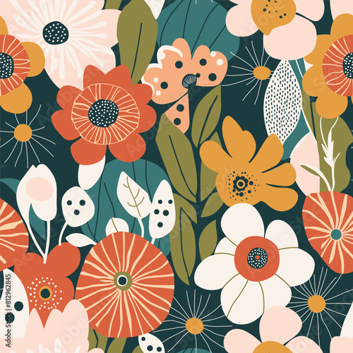 Seamless pattern with flowers in simple flat vector style. Illustration for interior design, for printing on fabric and paper.